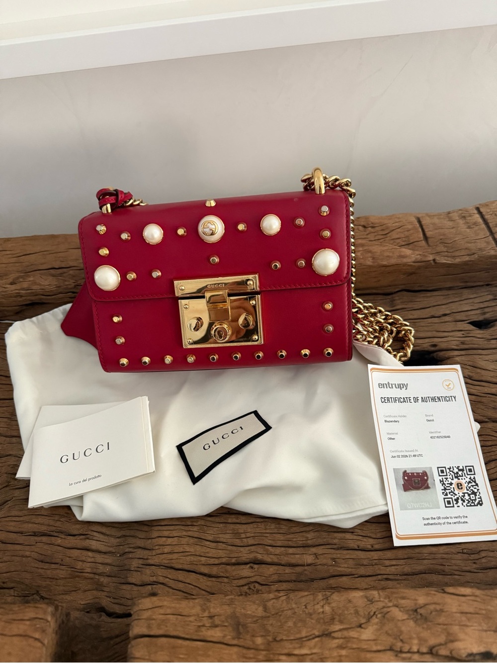 Gucci Red Leather padlock Pearl-Embellished Chain Crossbody Bag, dust bag,COA - Picture 11 of 15